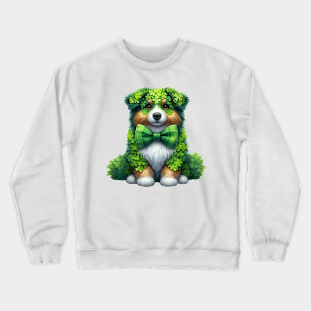 Clover Australian Shepherd Dog St Patricks Day Crewneck Sweatshirt by Chromatic Fusion Studio